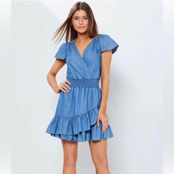 Michael Kors Flutter sleeve faux wrap smocked waist ruffles LT Cadet wash SZ S - Picture 1 of 16